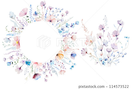 Frame and bouquet made with watercolor pastel wild flowers and leaves,  isolated wedding illustration 114573522
