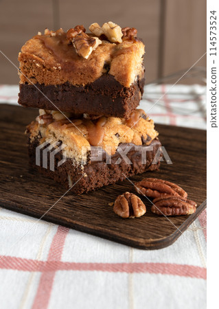 Homemade brookies brownie and cookie cake with walnuts 114573524