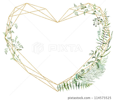 Golden heart frame with Watercolor fragile stems and tiny green leaves, wedding isolated illustration 114573525
