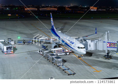 A plane arriving at the airport at night 114573861