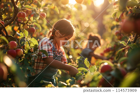 Children in the apple orchard harvesting, child gardening in the rays of the setting sun 114573909