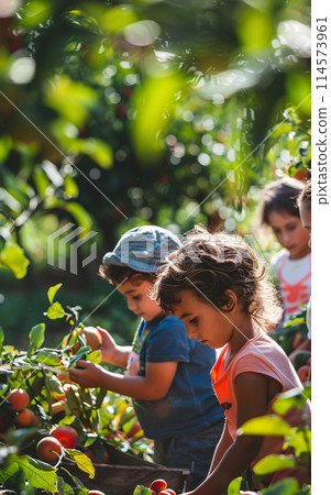 Children in the apple orchard harvesting, child gardening in the rays of the setting sun 114573961