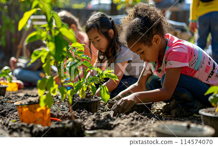 Children in the school garden doing gardening, back to school concept 114574070