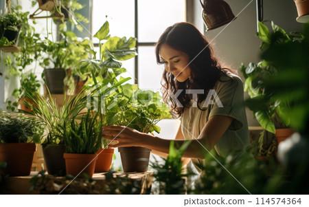 Young woman in a greenhouse at home takes care and gardening of indoor plants. Home gardening 114574364