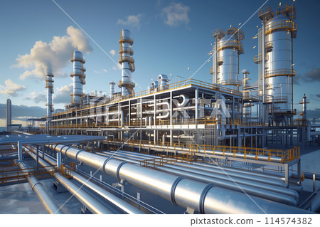 3D rendering of a modern oil and gas production plant with large pipes. 114574382