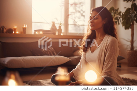 Young woman doing yoga meditation at home near the window with candles, wellness at home concept 114574383