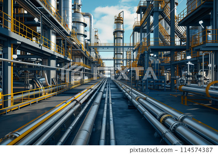 3D rendering of a modern oil and gas production plant with large pipes. 3D rendering of a modern oil and gas production plant with large pipes. 114574387
