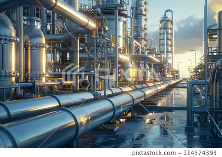 3D rendering of a modern oil and gas production plant with large pipes. 114574393