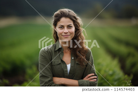 Agriculture, young woman farmer entrepreneur with harvest in her organic field of natural vegetables 114574403