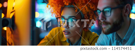 3D cartoon Caucasian woman with orange hair afro working Programmer in the office. 114574451