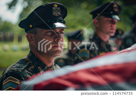 Selective focus of Funeral of an American soldier at the cemetery. 114574735