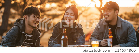 Group of Asian friends eating and camping in the forest. 114574800