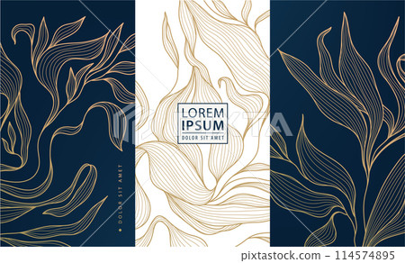 Vector set of floral background, label, box leaf pattern. Luxury jewelry, wine, perfume, gift box. Royal product texture, gold on black. 114574895