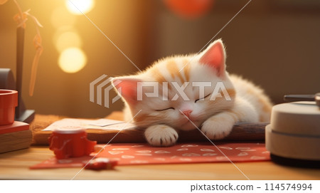 Chinese Spring Festival, Cute Tiny Kitten Sleeping On Table, Kitten Smiling And Sleeping Chinese Spring Festival, Cute Tiny Kitten Sleeping On Table, Kitten Smiling And Sleeping 114574994