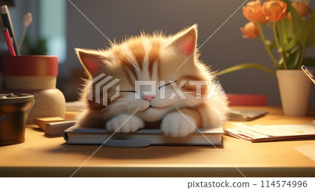 Chinese Spring Festival, Cute Tiny Kitten Sleeping On Table, Kitten Smiling And Sleeping Chinese Spring Festival, Cute Tiny Kitten Sleeping On Table, Kitten Smiling And Sleeping 114574996