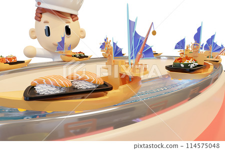 Japanese restaurant with sushi in the boat that runs around in the gutter isolated. conveyor belt sushi concept, 3d render illustration 114575048
