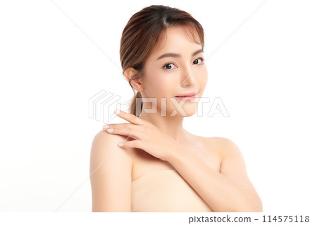 Beautiful young asian woman with clean fresh skin on white background, Face care, Facial treatment, Cosmetology, beauty and spa, Asian women portrait. 114575118