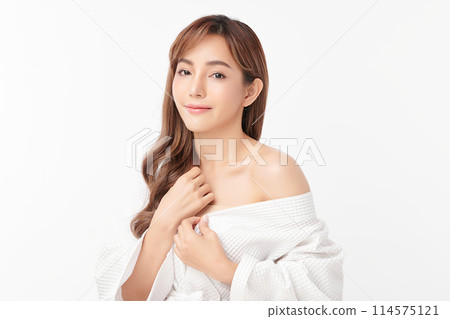 Beautiful young asian woman with clean fresh skin on white background, Face care, Facial treatment, Cosmetology, beauty and spa, Asian women portrait. 114575121