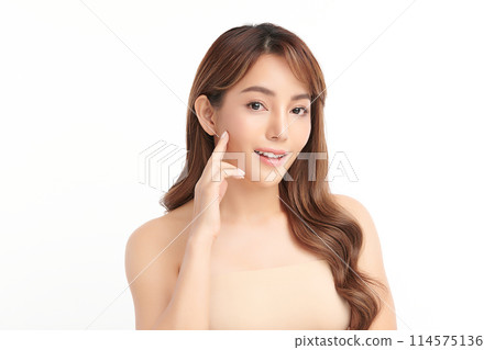 Beautiful young asian woman with clean fresh skin on white background, Face care, Facial treatment, Cosmetology, beauty and spa, Asian women portrait. 114575136