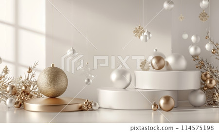 An empty pedestal and Christmas ornaments make a festive showcase in white and gold for showcasing products. 3D render. 114575198