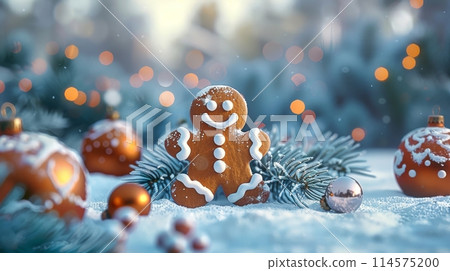 Wallpaper with gingerbread man cookie, Christmas ornaments, and frozen spruce twigs. Christmas background rendered in 3D. 114575200