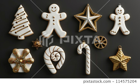 The Christmas ornaments are white and gold; the gingerbread cookies are in the shapes of a man, candy cane, and star. The Christmas ornaments are white and gold; the gingerbread cookies are in the shapes of a man, candy cane, and star. 114575204