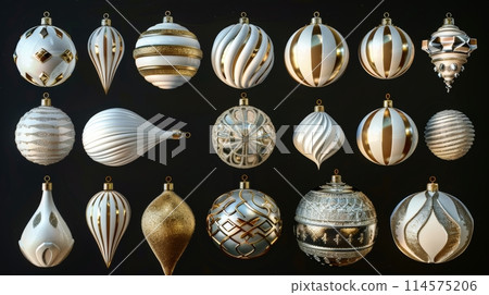 Set of Christmas clip art elements isolated on black background, 3D render of white and gold ornaments. Set of Christmas clip art elements isolated on black background, 3D render of white and gold ornaments. 114575206