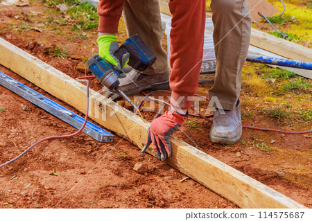 Removable timbering formwork system was used to construct concrete base foundation house 114575687
