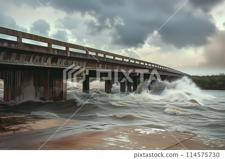 Floodwaters from hurricane storm surge meet near bridge AI Generative 114575730
