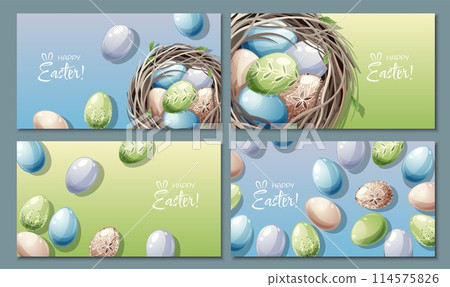 Set of Easter posters and banners with Easter eggs in a nest on a colorfull background. Spring illustration. Congratulations and gifts for Easter in cartoon style. Set of Easter posters and banners with Easter eggs in a nest on a colorfull background. Spring illustration. Congratulations and gifts for Easter in cartoon style. 114575826