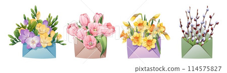 Envelope with pussy willow, tulips, daffodils and freesia on an isolated background. Spring illustration. Happy Easter. Delicate bouquet for decoration, design, cards, invitations, etc. Envelope with pussy willow, tulips, daffodils and freesia on an isolated background. Spring illustration. Happy Easter. Delicate bouquet for decoration, design, cards, invitations, etc. 114575827