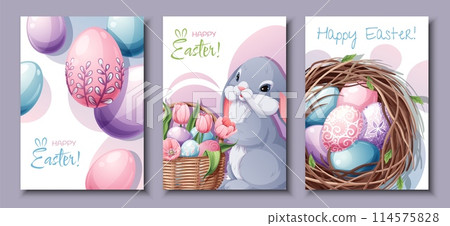 Set of greeting cards for Easter. Poster, banner with Easter bunny and eggs in the nest. Spring time Set of greeting cards for Easter. Poster, banner with Easter bunny and eggs in the nest. Spring time 114575828