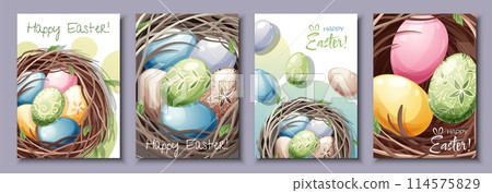 Set of greeting cards for Easter. Poster, banner with Easter eggs in the nest. Spring time Set of greeting cards for Easter. Poster, banner with Easter eggs in the nest. Spring time 114575829