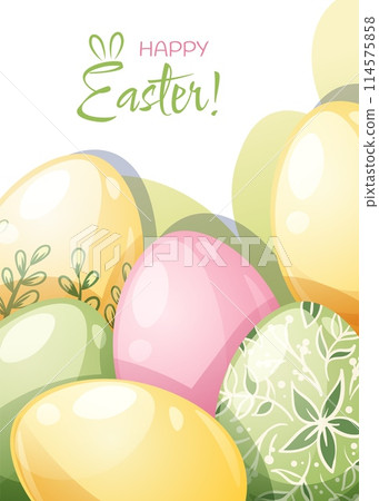 Easter greeting card template. Poster with Easter eggs. Spring cute holiday illustration 114575858