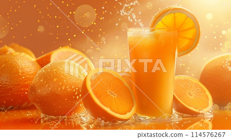 水滴橙子和橙汁，新鮮圖像，橙色背景 114576267