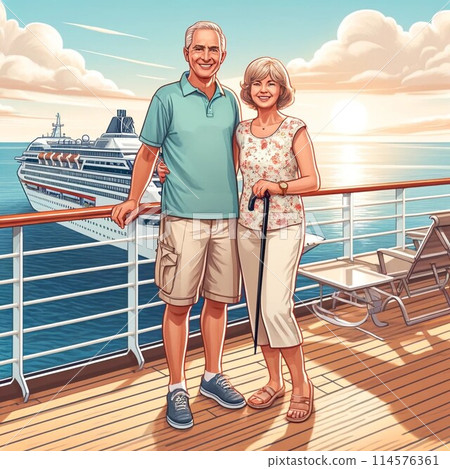 Elderly couple enjoying the sunset over the sea 114576361