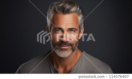 Portrait handsome bearded caucasian mature man looking at camera posing on black studio background 114576407