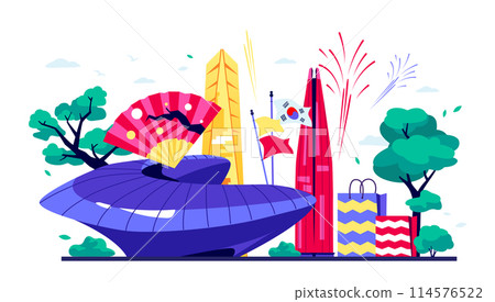 Welcome tourists in South Korea - modern colored vector illustration Welcome tourists in South Korea - modern colored vector illustration 114576522