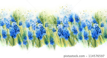 Watercolor seamless border with spring blue flowers and green leaves, primroses, blue and cyan snowdrops, hyacinths, first flowers after winter, for cozy home textile, spring and Easter decoration Watercolor seamless border with spring blue flowers and green leaves, primroses, blue and cyan snowdrops, hyacinths, first flowers after winter, for cozy home textile, spring and Easter decoration 114576597