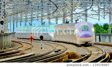 A Shinkansen train passing through Nasushiobara Station at high speed A Shinkansen train passing through Nasushiobara Station at high speed 114576997