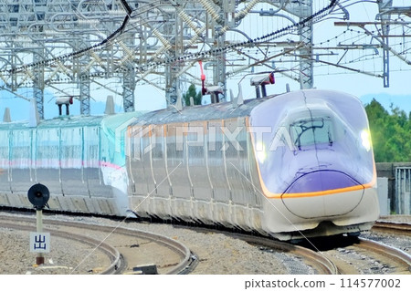 A Shinkansen train passing through Nasushiobara Station at high speed A Shinkansen train passing through Nasushiobara Station at high speed 114577002