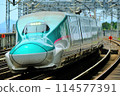 A Shinkansen train passing through Nasushiobara Station at high speed 114577391