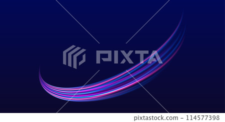High speed effect motion blur night lights blue and red. Laser beams, horizontal light rays. Particle motion effect. Purple glowing wave swirl, impulse cable lines. 114577398