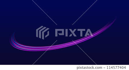 High speed effect motion blur night lights blue and red. Laser beams, horizontal light rays. Particle motion effect. Purple glowing wave swirl, impulse cable lines. 114577404