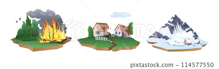 Wildfire, earthquake and avalanche 2D cartoon objects set 114577550