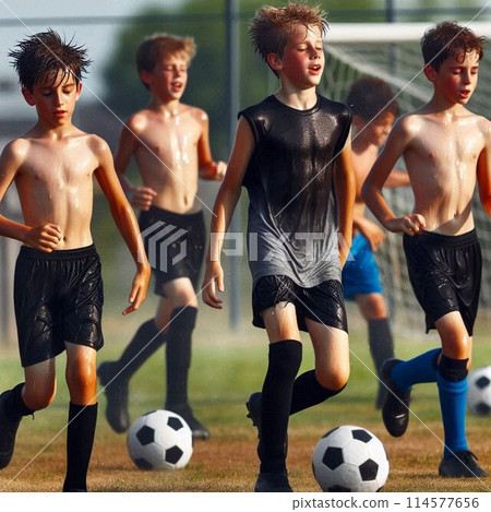 A young boy practicing soccer while sweating A young boy practicing soccer while sweating 114577656