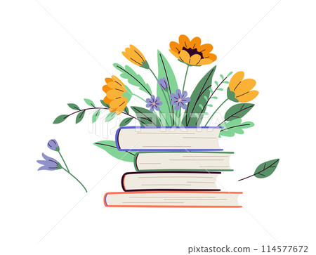 Books stack with fresh flower sand leaves 2D cartoon objects 114577672