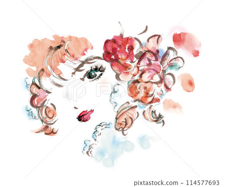 Close-up of a woman's face in retro style with floral decorations, watercolor style 114577693