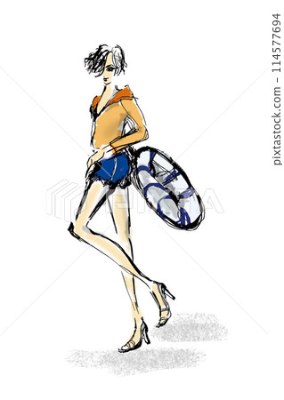 一位穿著牛仔短褲的短髮女子拿著花車，穿著連帽衫，水彩風格 114577694