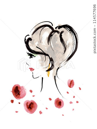 短髮女子的輪廓，水彩風格 114577696